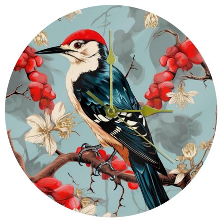 Woodpecker Circular Acrylic Wall Clock - Elegant Timepiece for Home Decor - Silent Movement - 12-Inch Diameter - Battery Operated - Sleek Design - Easy-to-Read