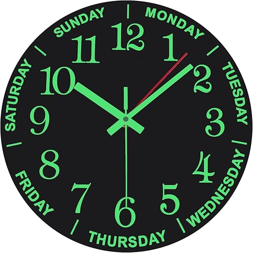 WOOPHEN 12 Inch Luminous Wall Clock Wooden Silent Non-Ticking Battery Powered Wall Clocks with Day Week for Living Room,Bedroom,Kitchen, Office and School (Black)