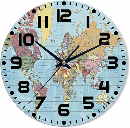 World Map Wall Clock Battery Operated Ocean Mainland Countries Partial Map Wall Clock Silent Non Ticking Quality Quartz 10 Inch Round Easy Clock to Read for Home Office