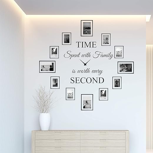 World of Wall Decal Time Spent with Family is Worth Every Second Wall Decal Decor Clock Family Quote Saying Vinyl Wall Art DIY The Photo Frames are not Included (22Wx22L) Matte Black