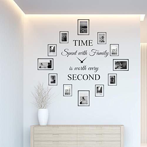 World of Wall Decal Time Spent with Family is Worth Every Second Wall Decal Decor Clock Family Quote Saying Vinyl Wall Art DIY The Photo Frames are not Included (22Wx22L) Matte Black