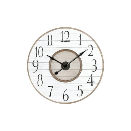 Woven Paths 36 Round Wood Wall Clock in Distressed White and Brown Finish