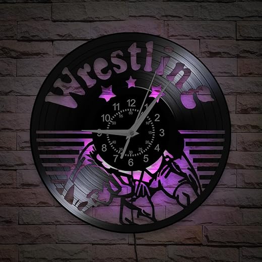 Wrestling Wall Clock, 7 Colors Luminous 12 Inch Wrestle Sport Wall Clock, Silent Quartz Non Ticking Vintage Decorative Vinyl Record Night Light Wall Lamp Clock Watch for Fighters Boxing Club