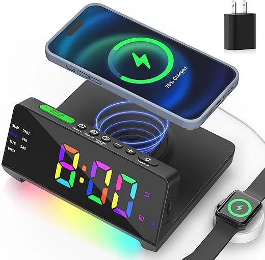 Alarm Clock Charging Station,Dual USB-C Ports,Dual Alarm,Night Light,Full Dimmable Display,Calendar,Snooze,Alarm Clock with Wireless Charging,Loud Alarm Clock Bedrooms for Heavy Sleepers,Teens Gifts