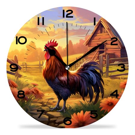 XIAGEANA 12 Inch Wall Clock Silent Non-Ticking Cartoon Rooster Sunflower Farm Exquisite