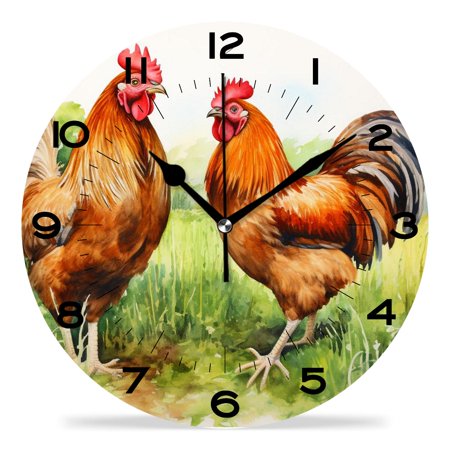 XIAGEANA 12 Inch Wall Clock Silent Non-Ticking Chicken Rooster Grass Vintage Creative Pattern