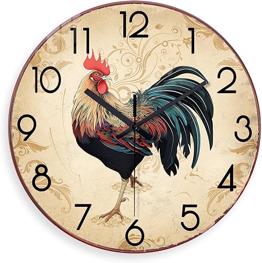 XNM Brown Wall Clocks Battery Operated 14 Inch Glass - Farmhouse Rooster Wall Clock for Kitchen - Analog Rustic Animal Wall Clock Non Ticking