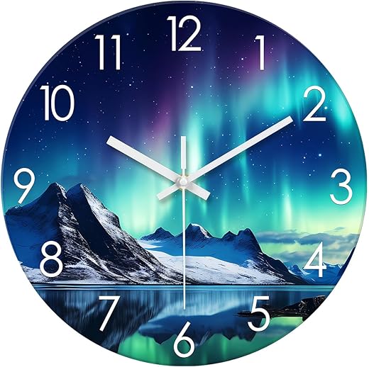 XNM Teal Glass Wall Clocks Battery Operated 12 Inch - Modern Aurora Wall Clock for Bedroom Kitchen Living Room Office - Glacier Lake Wall Clock Silent