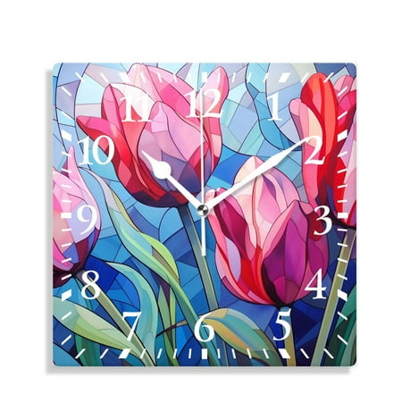 XNSJVGB 10 inch Square Wall Clock,Glass Painting Beautiful Tulips Creative,Silent Non Ticking Wall Clocks for Living Room Kitchen Bedroom