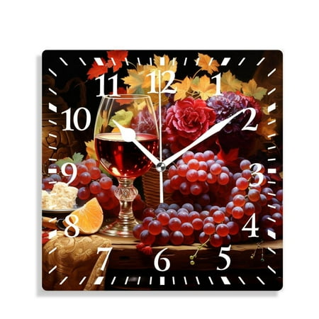 XNSJVGB 10 inch Square Wall Clock,Wine Grapes Oak Casks Design,Silent Non Ticking Wall Clocks for Living Room Kitchen Bedroom