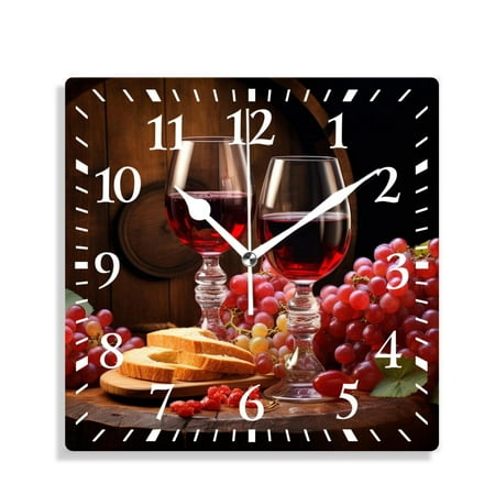 XNSJVGB 10 inch Square Wall Clock,Wine Grapes Oak Casks Exquisite,Silent Non Ticking Wall Clocks for Living Room Kitchen Bedroom