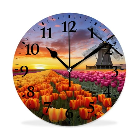 XNSJVGB Silent Non Ticking 10 inch Round Wall Clocks,Traditional Dutch Tulips painting,Winter Birds Drawing,Decorative Clocks for Living Room Kitchen Bedroom