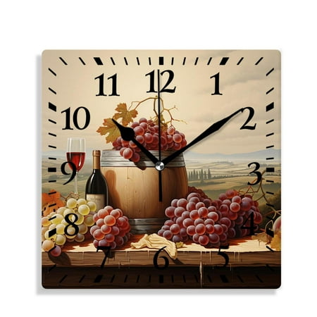 XNSJVGB Silent Non Ticking 10 inch square Wall Clocks,Red Wine and Grapes Print,Decorative Clocks for Living Room Kitchen Bedroom