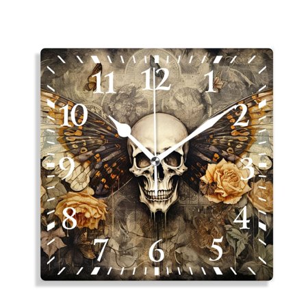 XNSJVGB Silent Non Ticking 10 inch square Wall Clocks,Tatoo Skull on Floral Background Lovely,Decorative Clocks for Living Room Kitchen Bedroom