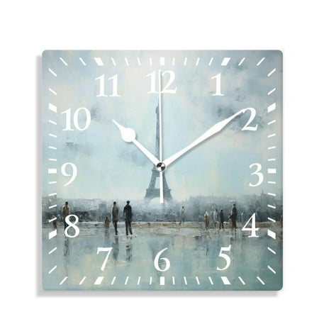 XNSJVGB Silent Non Ticking 10 inch square Wall Clocks,Watercolor Painting Eiffel Tower Paris France Print,Decorative Clocks for Living Room Kitchen Bedroom