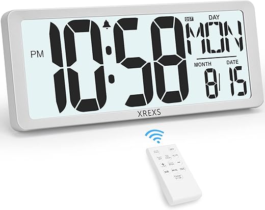 XREXS Large Digital Wall Clock with Backlight, 14.17 Inch Large Display Wall Clock with Remote Control, Count Up & Down Timer, Battery Operated Digital Wall Clock with Temperature, Date&Week for Home