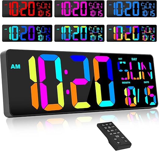 XREXS Large Digital Wall Clock with Remote Control, 17.2" LED Large Display Count Up & Down Timer, Adjustable Brightness RGB Color Changing Clock Alarm Clock for Home, Gym, Office and Classroom