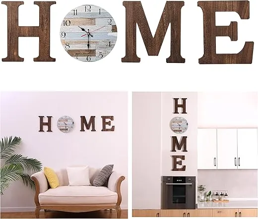 Rustic Home Sign with Wall Clock - Wood Letters for Wall Decor - Wooden Wall Clock Silent Non-Ticking - Home Decor for Living Room, Bedroom, Farmhouse, Housewarming Gift (Rustic)