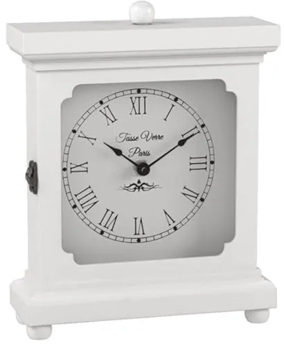 Tasse Verre White Clock for Shelf Table Or Desk 9x7 - Farmhouse Decor Wood Mechanical Quiet Silent - Office, Bedroom Fireplace Mantel Living Family Room. AA Battery Operated Non-Digital