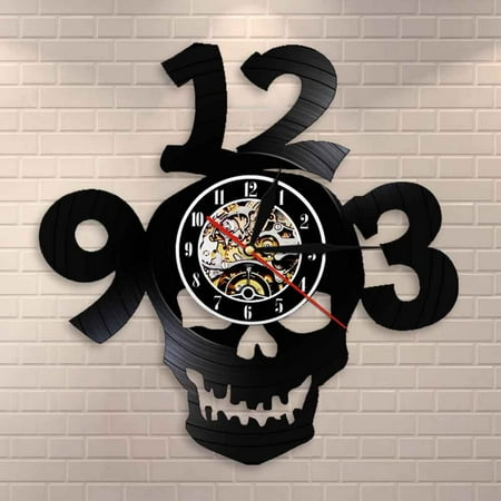 YanGxx Devil Demon Skull Head Wall Clock Halloween Horror Skull Decoration Modern Design Big Numbers Vintage Vinyl Record Wall Clock