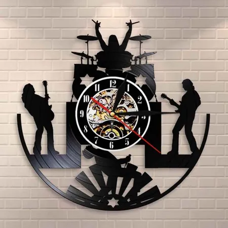 YanGxx Rock Band Music Group Wall Clock Rock Band Drummer Heavy Metal Group Guitarist Performance Stage Show Vinyl Record Wall Clock