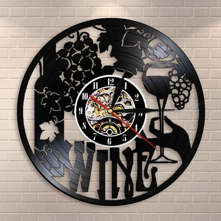 YanGxx Wine Logo Wall Clock Winery Bottle Glass Grape Vine Drink Drinking Alcohol Liquor Pub Bar Label Emblem Vinyl Record Wall Clock