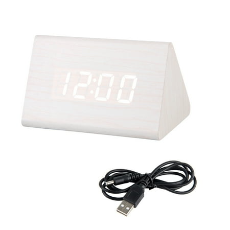 Yesbay Desktop Decor Sound Control USB Rechargeable LED Digital Wooden Alarm Clock,White White Light