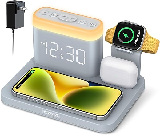 YORTOT Wireless Charging Station with Alarm Clock, 7 Night Lights, 5-in-1 Wireless Charger for iPhone 16/15/14/13/12/11/Pro/Max/XR/X/8, Samsung Phone, Apple Watch, AirPods (Watch Cable not Included)