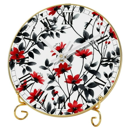 YZUOUZY Wall Decor Living Room,Wall Clock,Wall Clocks Battery Operated,Tempered Glass,Red Flowers Freehand Brushwork