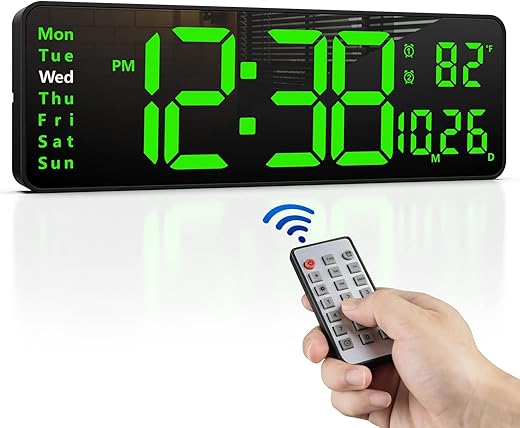 Zgrmbo 16" Large Digital Wall Clock with Remote, Large Display LED Wall Clock for Living Room/Gym/Shop/Warehouse/Office Decor, 12/24H, Auto Dimming, Timer