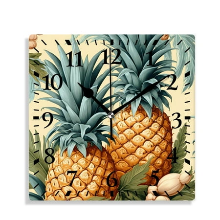 10 Inch Wall Clock Battery Operated Silent Clock Decorative for Office, Kitchen, Outdoor, Living RoomTropical Leaves Fruits Pineapple Painting