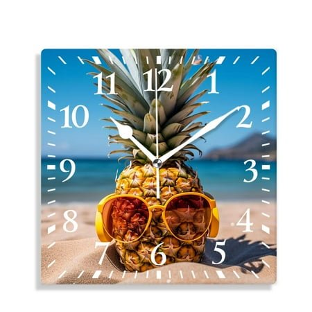 10 Inch Wall Clock Battery Operated Silent Clock Decorative for Office, Kitchen, Outdoor, Living RoomOcean Beach Pineapple with Glasses Multicolor