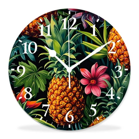 10 Inch Wall Clock Battery Operated Silent Clock Decorative for Office, Kitchen, Outdoor, Living RoomPineapple Palm Leaf Pineapple Cute