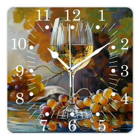 10 Inch Wall Clock Battery Operated Square Clock for Office, Kitchen, Outdoor, Living Room,Vintage Wine Grape Red White Glasses Natural