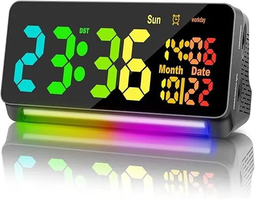 120db Super Loud Alarm Clocks for Heavy Sleepers adults , 15 Wake Up Sounds Alarm Clock for Heavy sleepers , 7 Color Night Light, Dynamic RGB Color , 0-100% Dimmer, Snooze, DST , Large LED Display