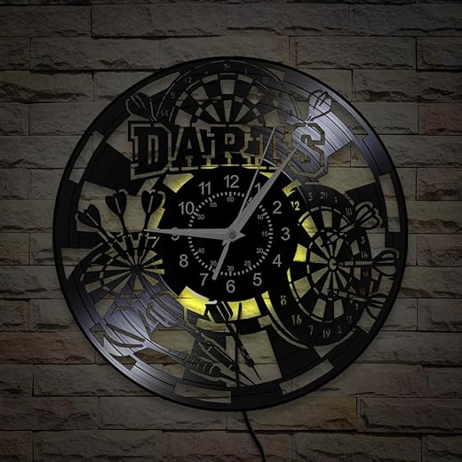 12'' Darts Vinyl Record Wall Clock 7 Color Changing, Darts Board Wall Clock Retro Decoration Darts Game LED Night Light Wall Watch Clock Night Club Wall Decor for Pub Bar Man Cave Game Room