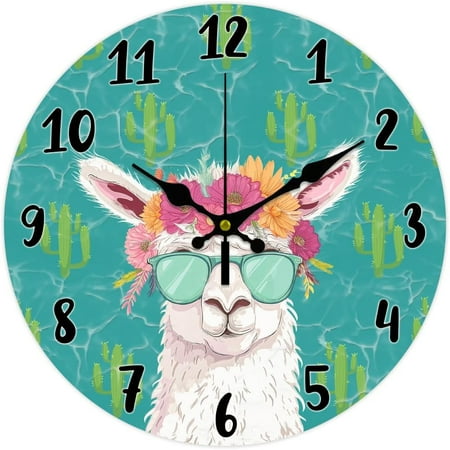 12inch Alpaca Wall Clock Cute Cartoon Animal Round Wooden Wall Clock Silent Non Ticking Clock Farmhouse Wall Clock for Office Home Bedroom Living Room Bathroom Kitchen Decor