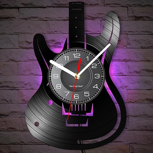 12 Inch Guitar LED Wall Clock with 7 Luminous Modes, Musical Instruments Clock Watch Silent Non Ticking Guitar Shaped Wall Clock for Music Room Rock N Roll Decor Music Lovers Guitarist Gifts