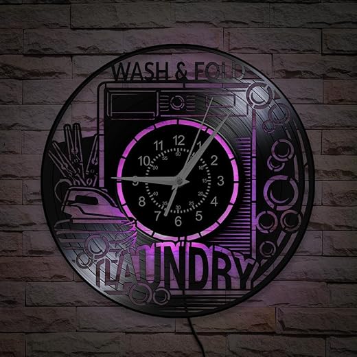 12 Inch Laundry Room Wall Clock 7 Kinds of LED Color, Silent Non Ticking Quartz LED Night Light Washing Machine Wall Clock Battery Modern Decorative Vinyl Wall Watch Clock for Laundry