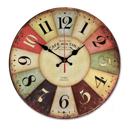 12 Inch Retro Wooden Wall Clock Farmhouse Decor, Silent Non Ticking Wall Clocks Large Decorative - Big Wood Atomic Analog Battery Operated - Vintage Rustic Colorful Tuscan Country Outdoor