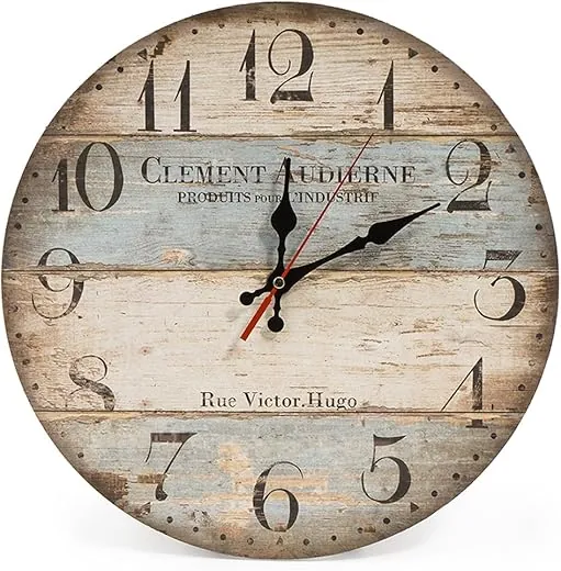 12 Inch Silent Vintage Wooden Round Wall Clock Arabic Numerals Vintage Rustic Chic Style Wooden Round Home Decor Wall Clock (Victor Hugo)