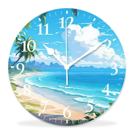 12 Inch Wall Clock Battery Operated Silent Clock Decorative for Office, Kitchen, Outdoor, Living Room，Hawaii Beach with Palm Trees Graceful Design