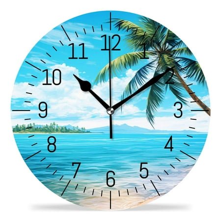 12 Inch Wall Clock Battery Operated Silent Clock Decorative for Office, Kitchen, Outdoor, Living Room，Hawaii Beach with Palm Trees Multicolor