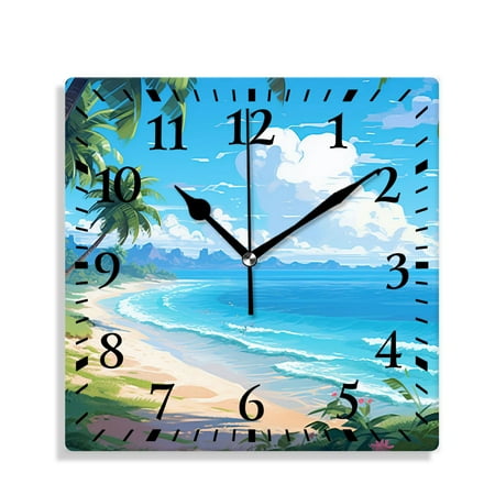 12 Inch Wall Clock Battery Operated Silent Clock Decorative for Office, Kitchen, Outdoor, Living Room，Hawaii Beach with Palm Trees Graceful Design