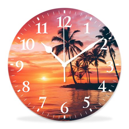 12 Inch Wall Clock Battery Operated Silent Clock Decorative for Office, Kitchen, Outdoor, Living Room，Beautiful Palm Tree in Sunrise Hawaii Blue Ocean Art