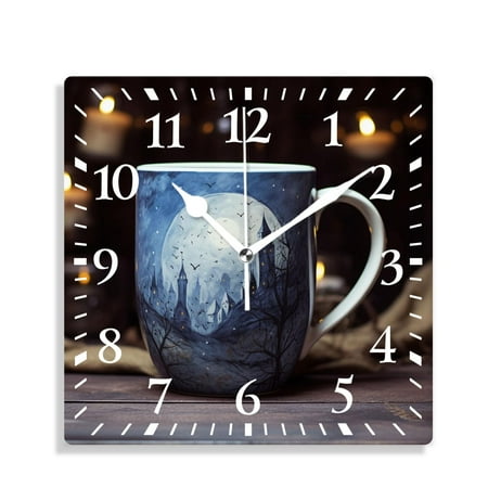 12 Inch Wall Clock Battery Operated Silent Clock Decorative for Office, Kitchen, Outdoor, Living Room，Coffee Cup on Brown Background Print