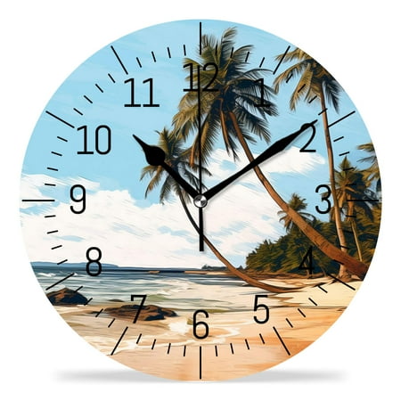 12 Inch Wall Clock Battery Operated Silent Clock Decorative for Office, Kitchen, Outdoor, Living Room，Hawaii Beach with Palm Trees Beautiful Design