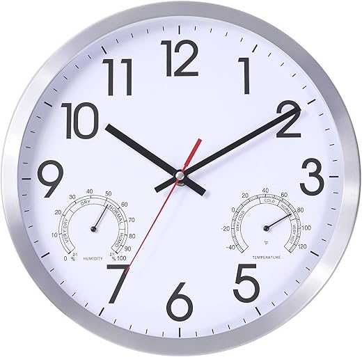 12 Inch Wall Clock with Temperature & Humidity, Battery Operated Aluminum Frame Wall Clocks, Sweep Silent Movement Accurate Clocks for Home Housewarming Xmas New Year Present