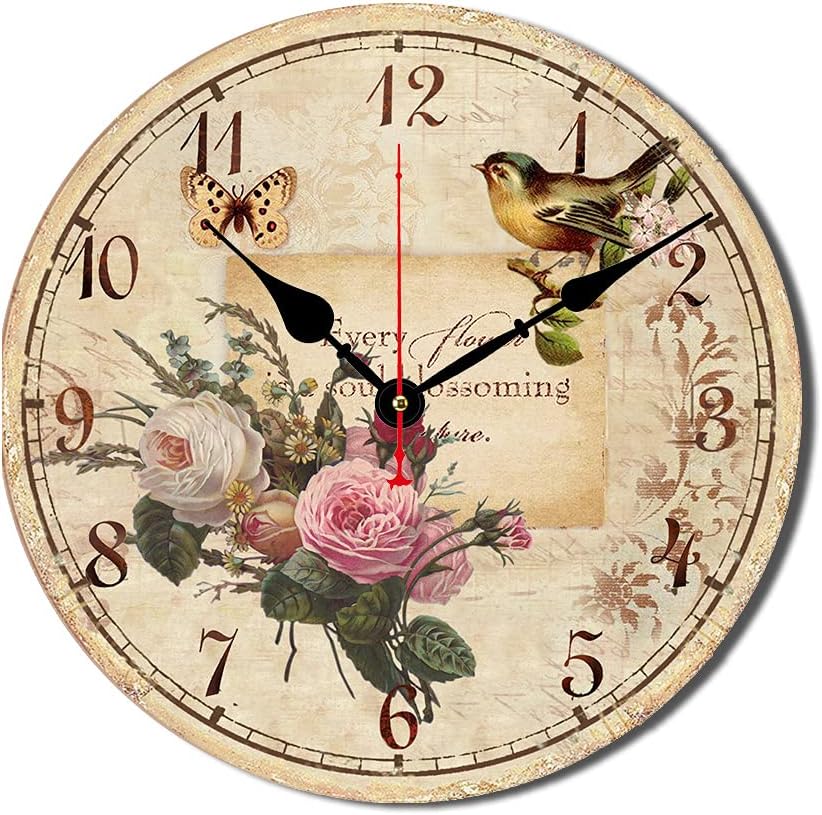 12 Inch Wood Wall Clock Silent Non-Ticking Wall Clocks for Office,Bathroom,Living Room,Dining Room,Kitchen Decoration, Flowers/Birds Style Round Hanging Clock