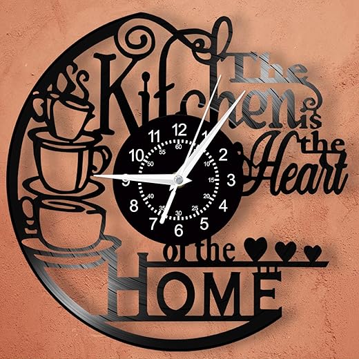 12'' Kitchen Vinyl Record Wall Clock, Kitchen Heart Home Theme Wall Clock Coffee Bar Wall Watch Clock Coffee Wall Decor Battery Operated Silent Movement for Women Wife Restaurant Dining Room